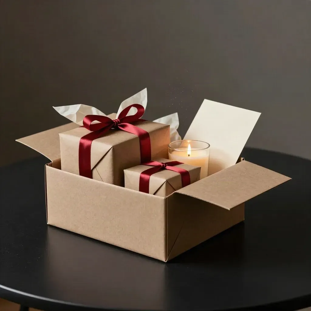 Box regalo aperto con tre pacchi, candela e cartolina su tavola scura