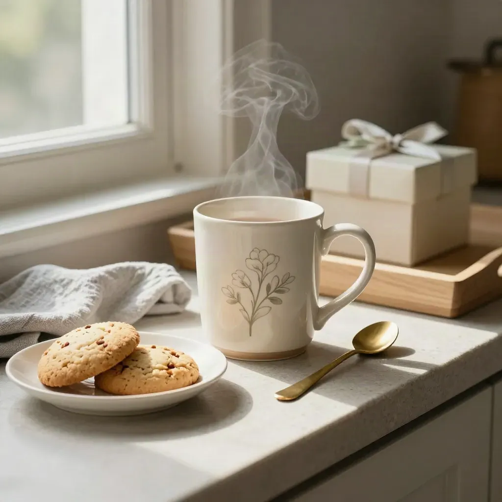 Tazza regalo per la mamma con fiorellino, tovagliolo di lino e piattino con biscotti in cucina luminosa.
