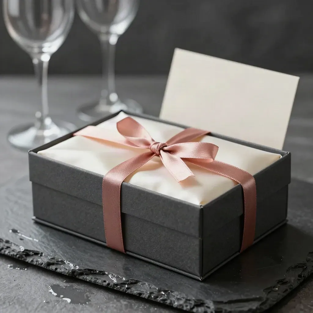 Scatola regalo anniversario su ardesia bagnata con nastri rosa e calici sfocati