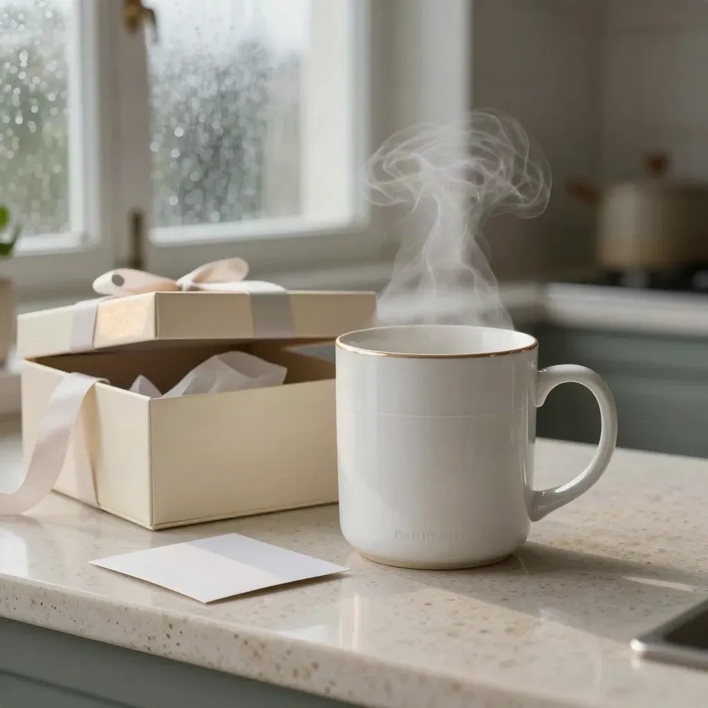 Tazza personalizzata bianca con scatola regalo, nastro in lino e vapore mattutino.