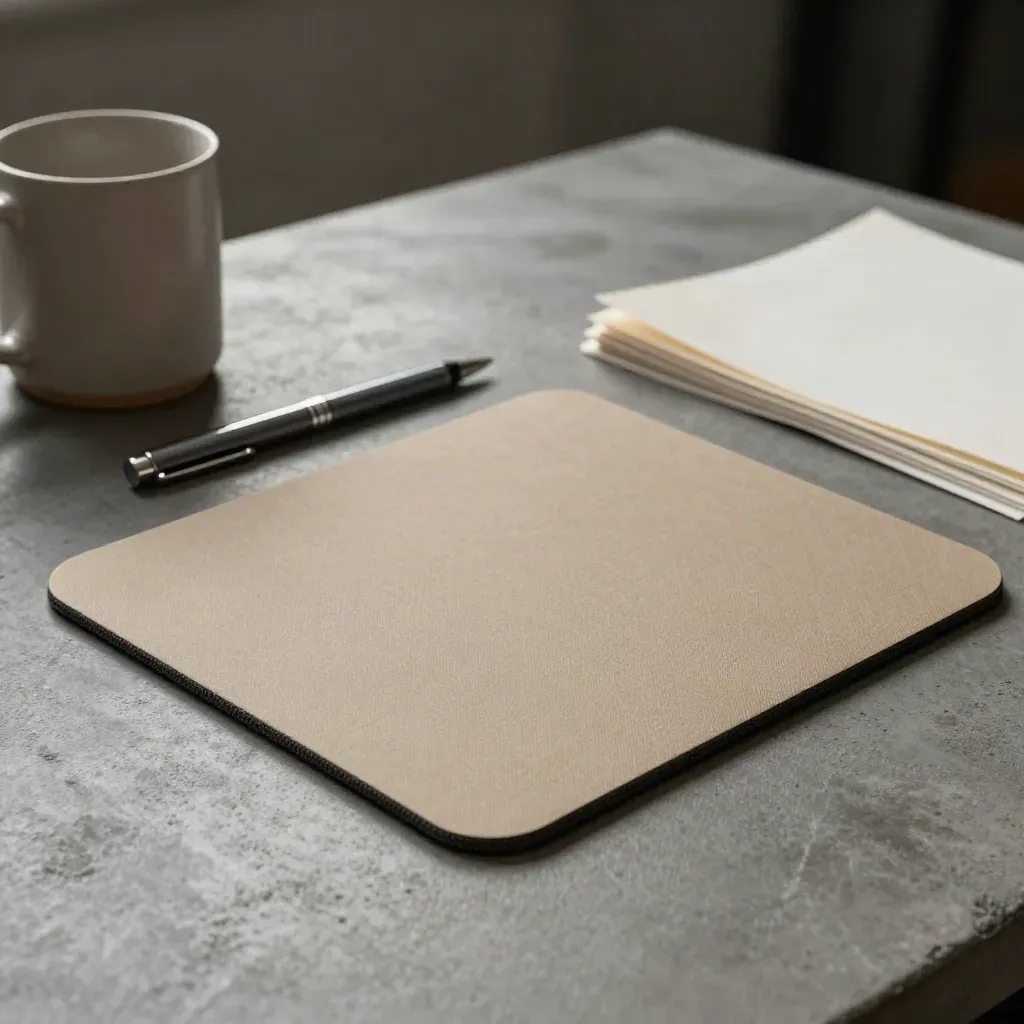 Tappetino mouse fotografico con penna grafite, tazza opaca e fogli piegati su cemento
