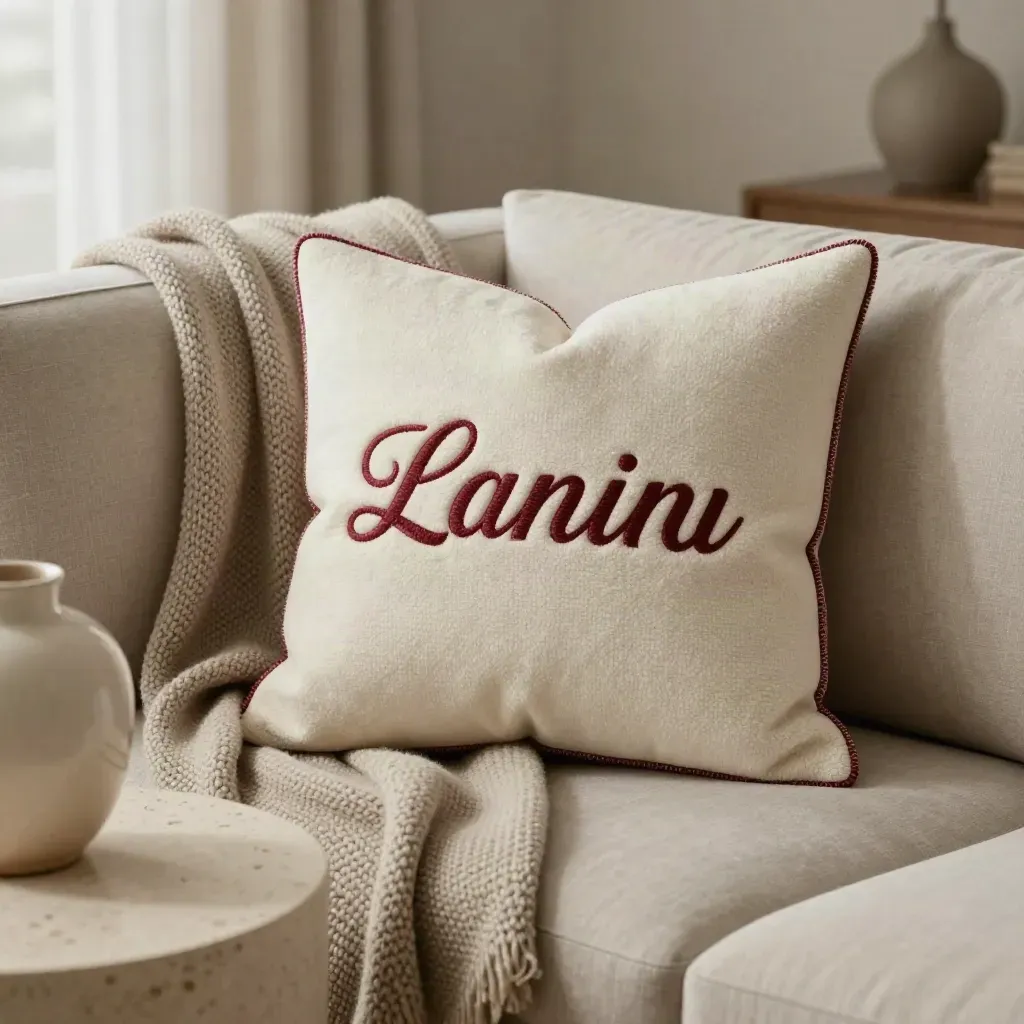Cuscino personalizzato color crema tra coperta di lana e lampada in ceramica