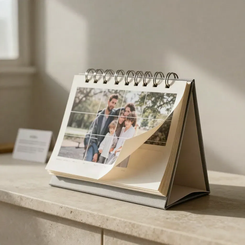 Calendario foto famiglia aperto su console in pietra, con pagine in carta spessa e buste crema.