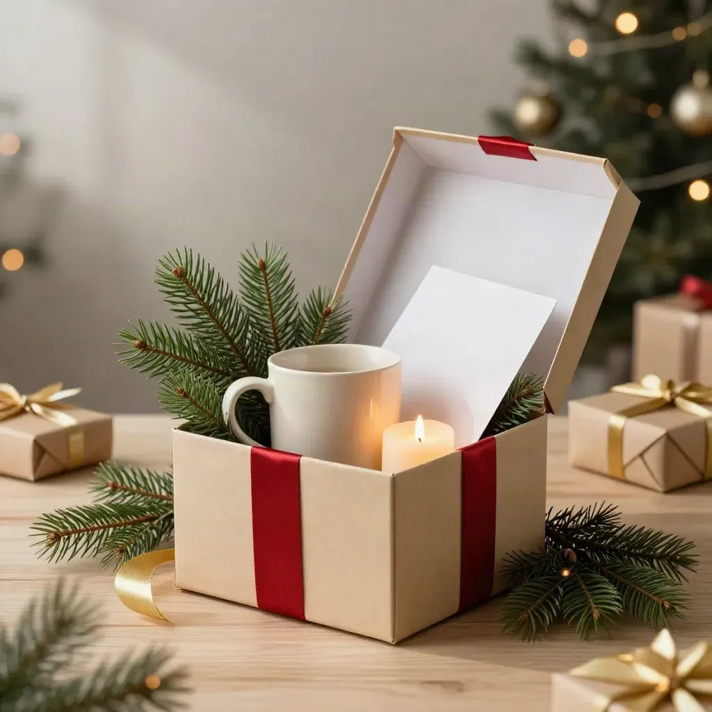 Box natalizio aperto con tazza, candela, biglietto, pino e nastro rubino.