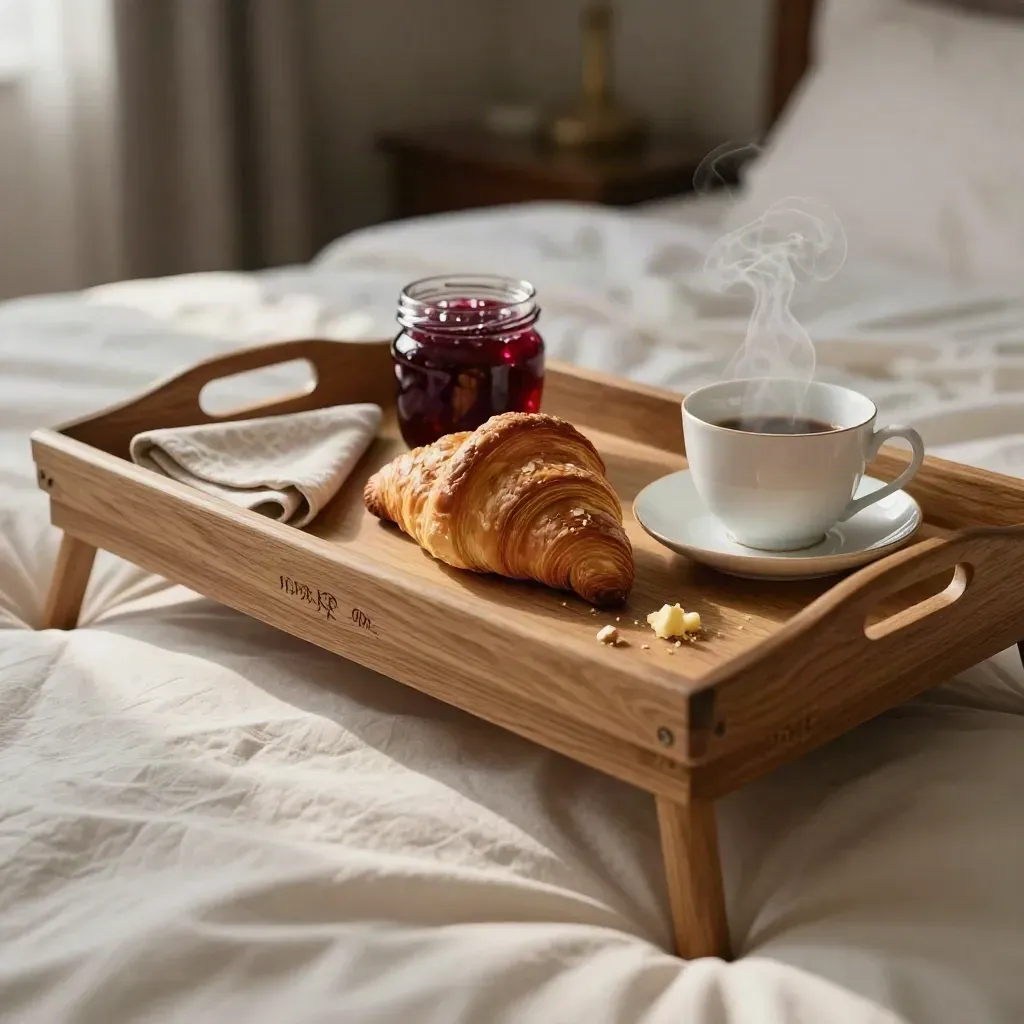 Vassoio in legno inciso con croissant, marmellata, tovagliolo di lino e tazzina sul bordo del letto.