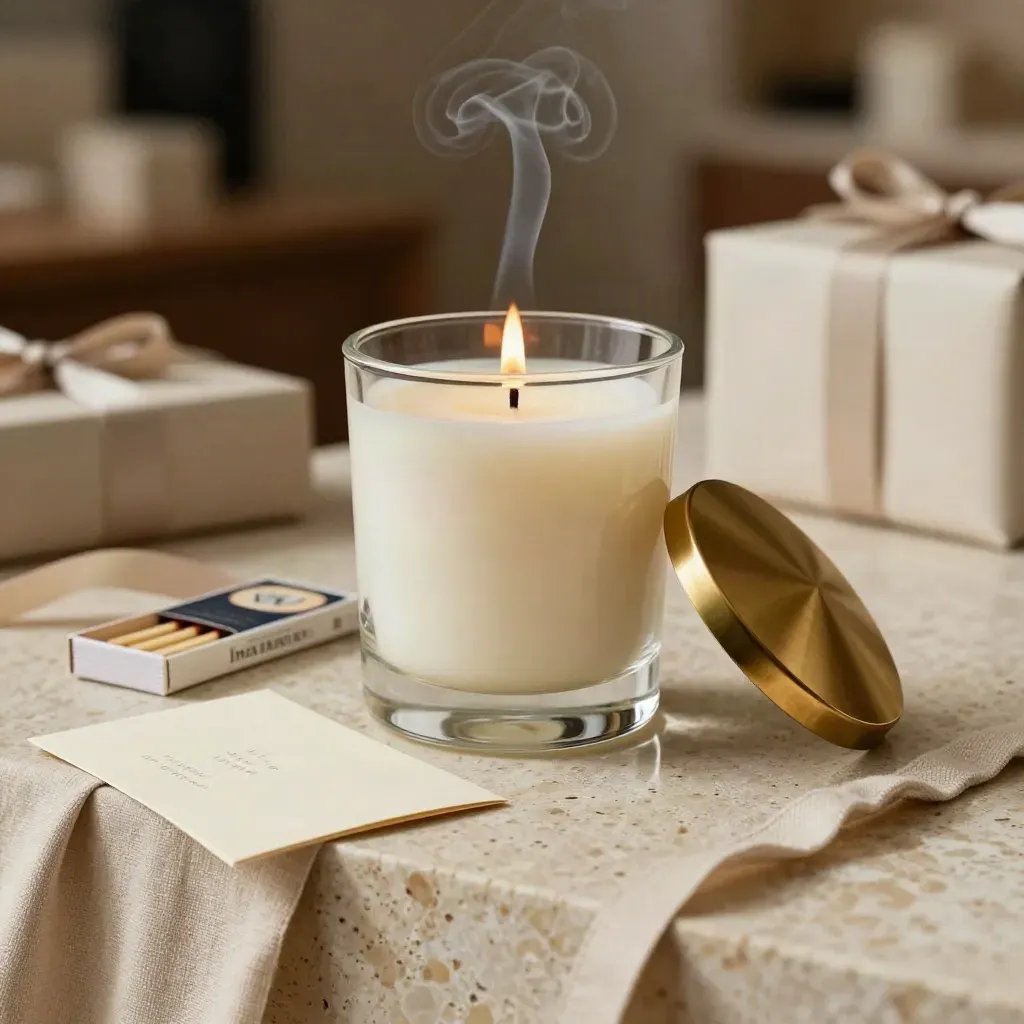 Candela alla vaniglia in vetro con fiamma, tappo in ottone e fumo su travertino