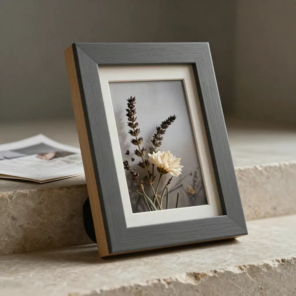 Cornice portafoto con fiori secchi e card in lino su pietra, stile elegante e nostalgico