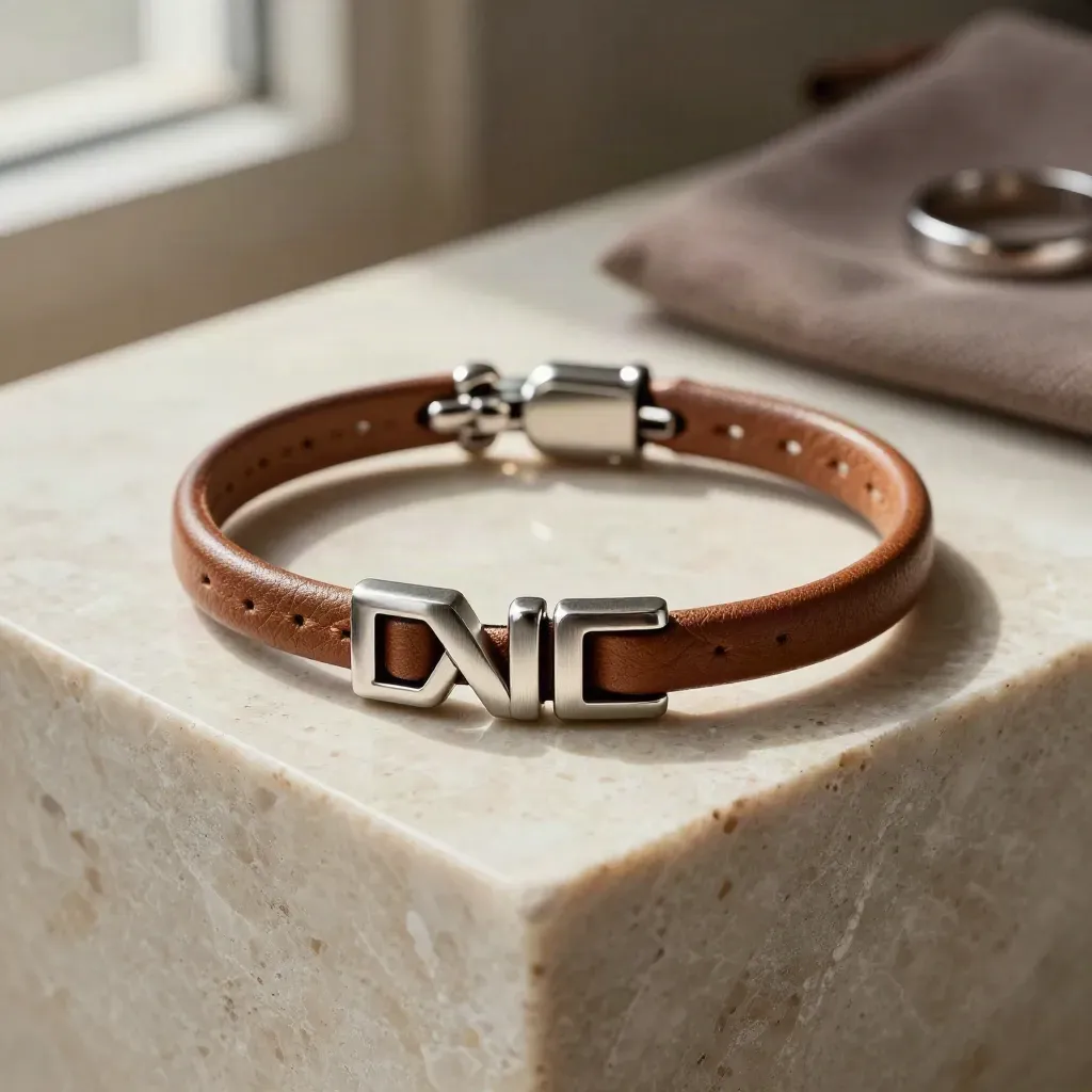 Bracciale in acciaio e pelle con pouch in camoscio e anello su travertino