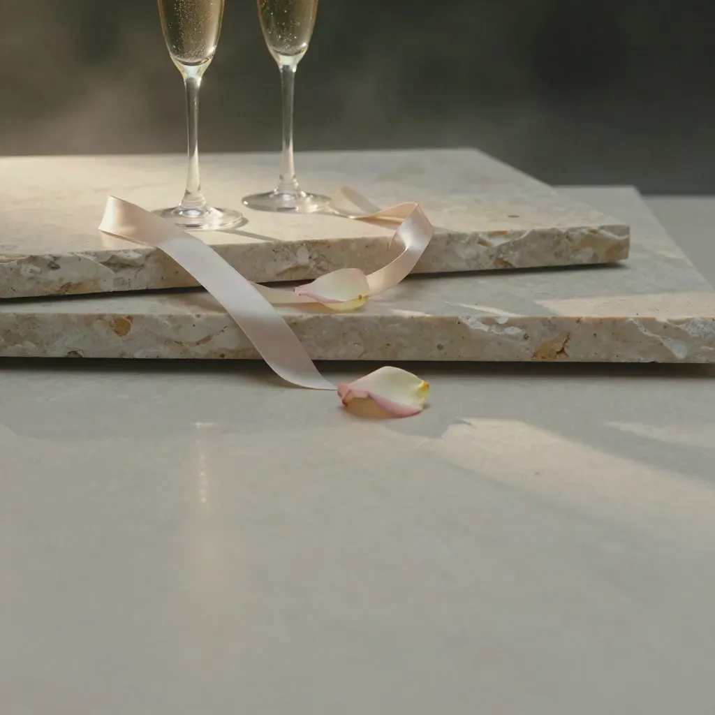 Scena romantica per anniversario con travertino, nastro satinato, petali di rosa e flûte.
