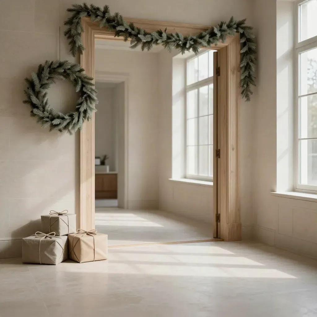 Ingresso natalizio luminoso con ghirlande, ombra di corona e pacchi regalo su pavimento chiaro.
