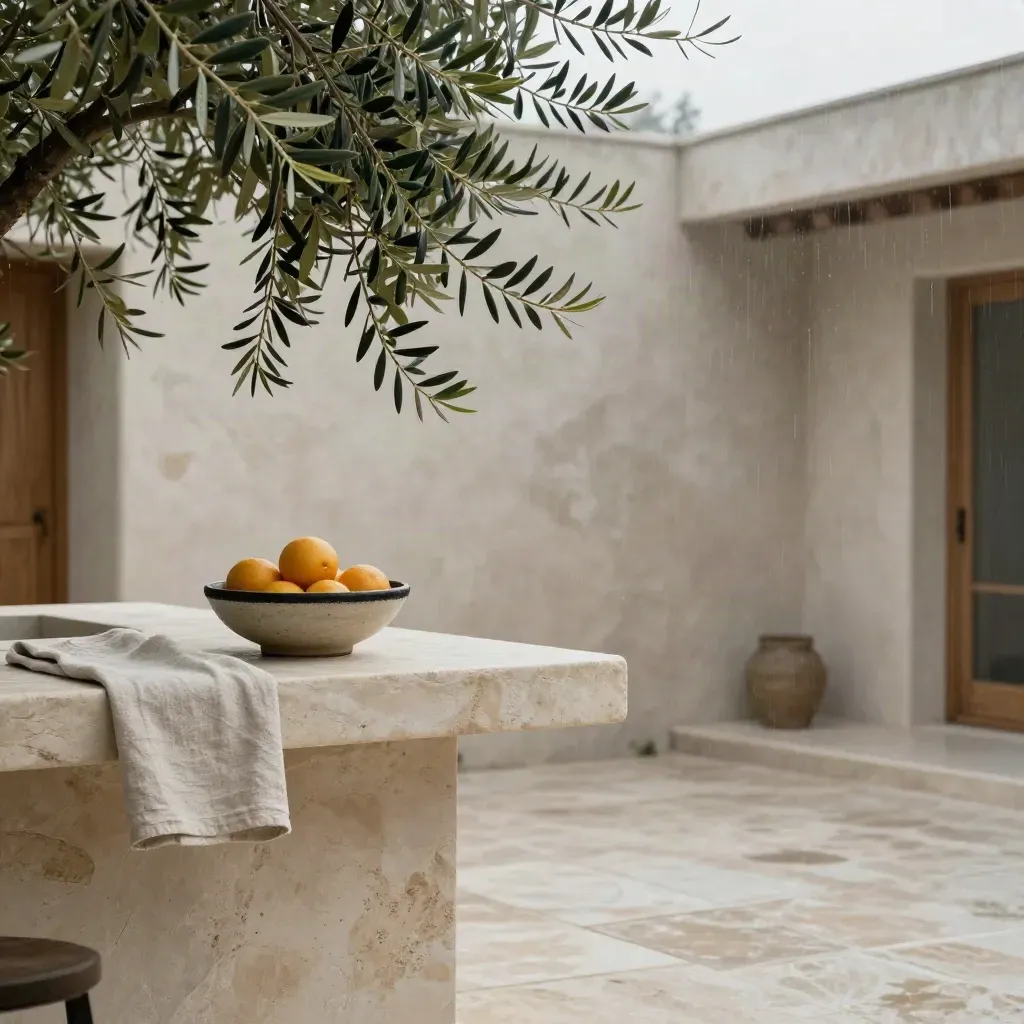 Terrazza cucina con rami d’ulivo, ciotola di agrumi e luce dorata dopo la pioggia.